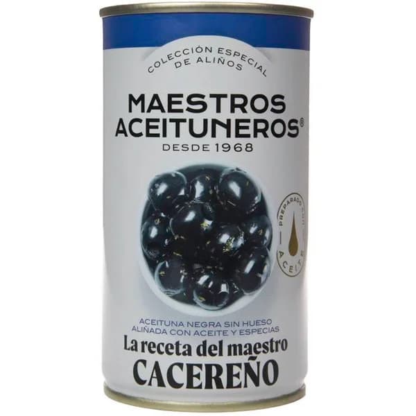 Aceitunas negras sin hueso M. ACEITUNEROS, lata 150 g - 0.15 kg - Imagen del producto en Findit