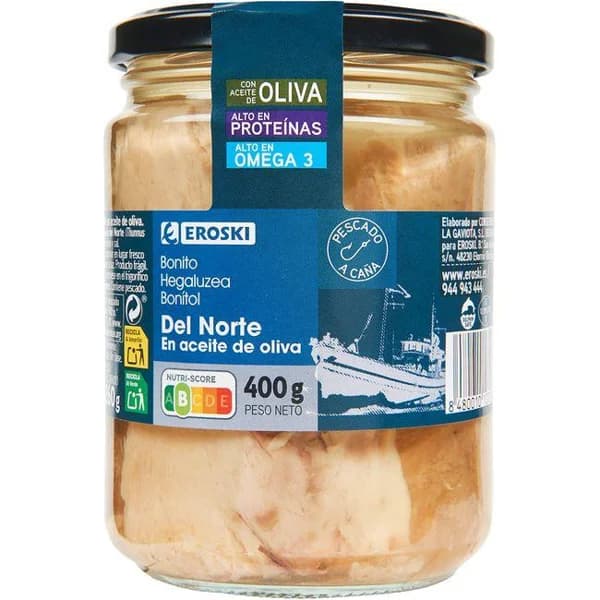 Bonito del norte en aceite de oliva EROSKI, frasco 400 g - 0.4 kg - Imagen del producto en Findit