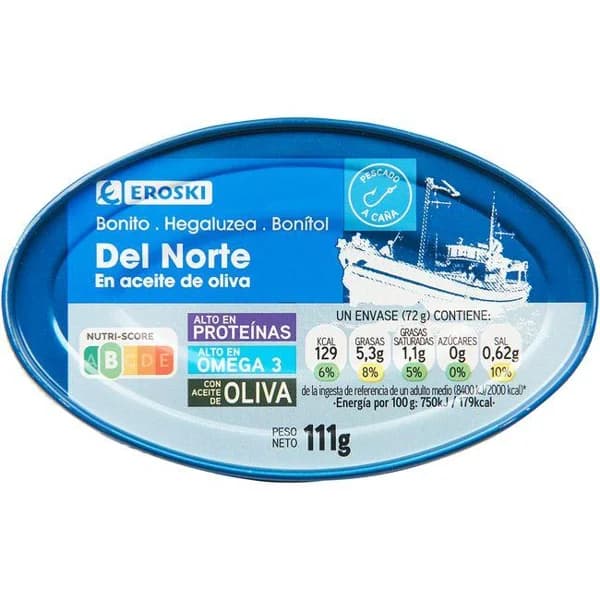 Bonito en aceite de oliva EROSKI, lata 111 g - 1 ud - Imagen del producto en Findit