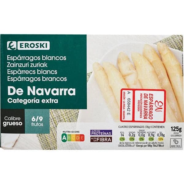 Espárrago grueso IGP Navarra 6/9 piezas EROSKI, lata 125 g - 0.13 kg - Imagen del producto en Findit