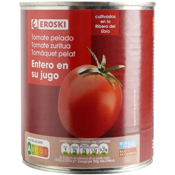 Tomate natural entero pelado EROSKI, lata 780 g - 0.78 kg - Imagen del producto en Findit