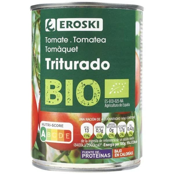 Tomate triturado ecológico EROSKI, lata 400 g - 0.4 kg - Imagen del producto en Findit