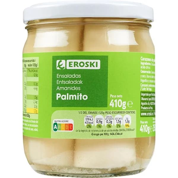Palmito entero EROSKI, frasco 250 g - 0.25 kg - Imagen del producto en Findit