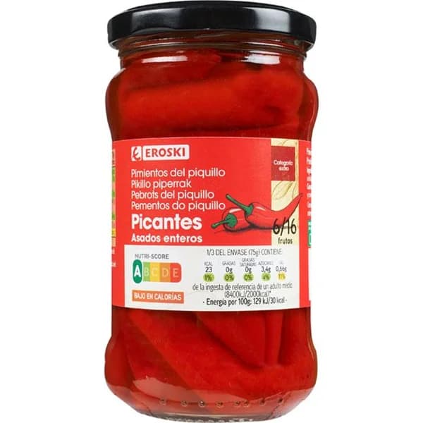 Pimiento del piquillo entero picante EROSKI, frasco 225 g - 0.23 kg - Imagen del producto en Findit