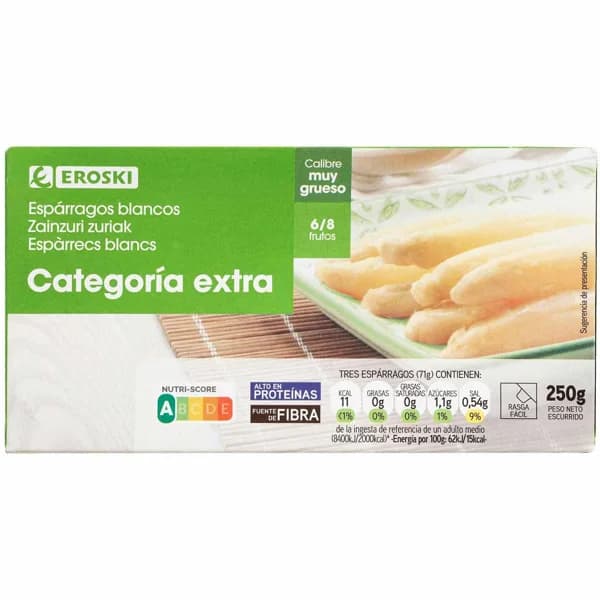 Espárrago muy grueso 6/8 piezas EROSKI, lata 250 g - 0.25 kg - Imagen del producto en Findit