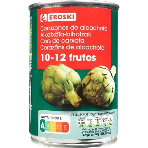 Corazón alcachofa al natural 10/12 frutos EROSKI, lata 240 g - 0.24 kg - Imagen del producto en Findit
