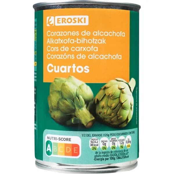 Alcachofa troceada en cuartos EROSKI, lata 240 g - 0.24 kg - Imagen del producto en Findit