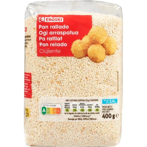 Pan rallado crujiente EROSKI, paquete 400 g - 0.4 kg - Imagen del producto en Findit