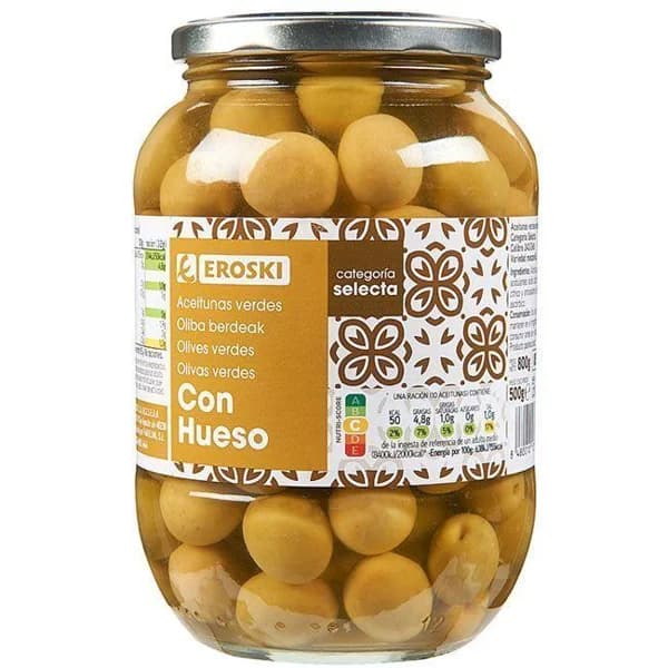 Aceitunas verdes con hueso EROSKI, frasco 500 g - 0.5 kg - Imagen del producto en Findit