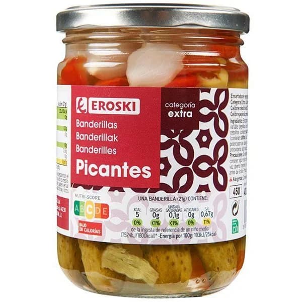 Banderillas picantes EROSKI, frasco 210 g - 0.21 kg - Imagen del producto en Findit