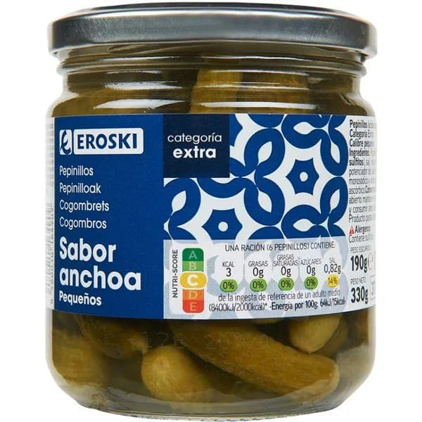 Pepinillos sabor anchoa EROSKI, frasco 190 g - 0.19 kg - Imagen del producto en Findit