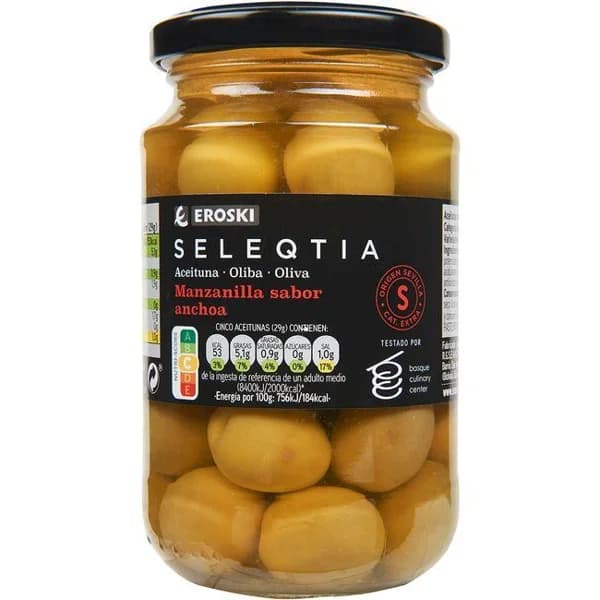 Aceitunas verdes sabor anchoa Eroski SELEQTIA, frasco 200 g - 0.2 kg - Imagen del producto en Findit