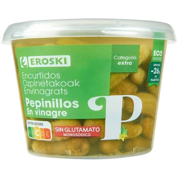 Pepinillos en vinagre EROSKI, cubeta 300 g - 0.3 kg - Imagen del producto en Findit