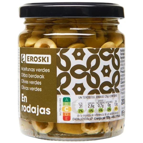 Aceitunas verdes en rodajas EROSKI, frasco 85 g - 0.09 kg - Imagen del producto en Findit