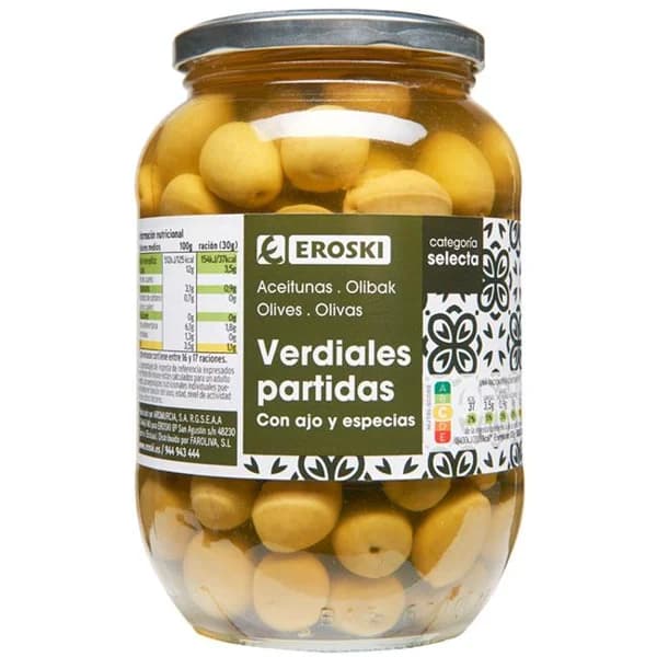 Aceitunas con ajo-especias EROSKI, frasco 500 g - 0.5 kg - Imagen del producto en Findit