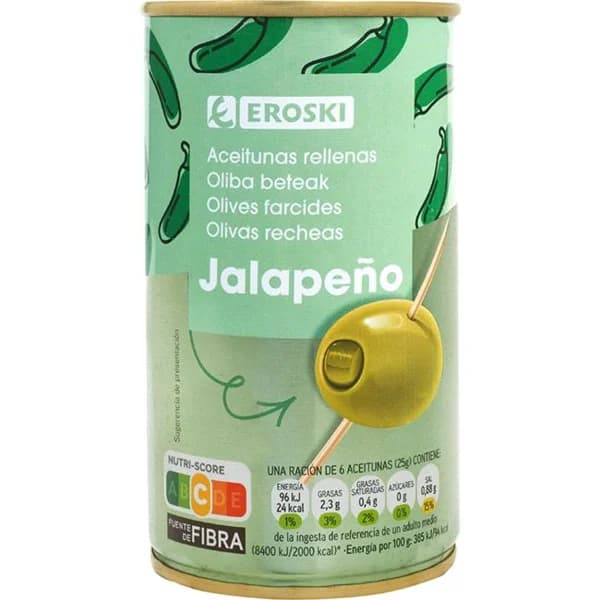 Aceituna rellena jalapeño EROSKI, lata 150 g - 1 ud - Imagen del producto en Findit