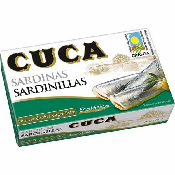 Sardinillas en aceite de oliva virgen ecológico CUCA, lata 90 g - 1 ud - Imagen del producto en Findit