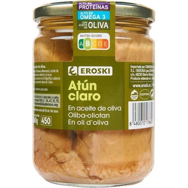 Atún claro en aceite de oliva EROSKI, frasco 400 g - 0.4 kg - Imagen del producto en Findit