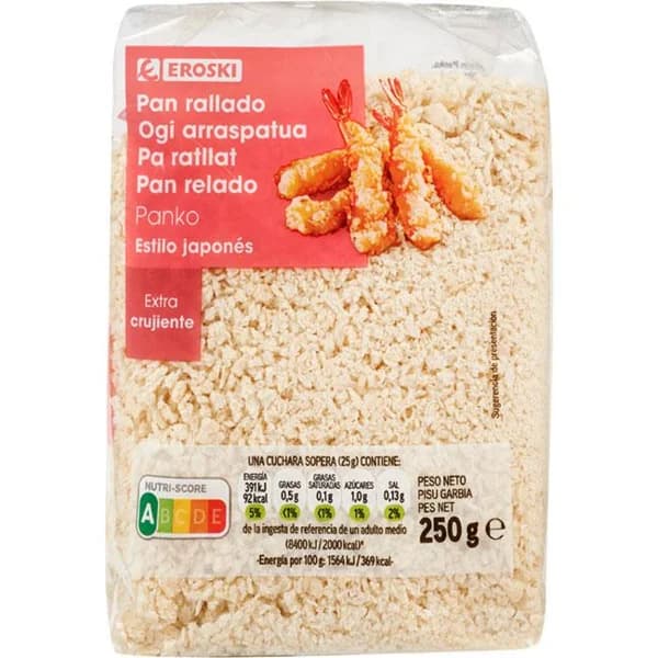 Pan rallado panko estilo japonés EROSKI, paquete 250 g - 0.25 kg - Imagen del producto en Findit
