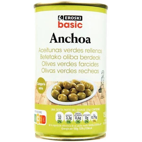 Aceitunas rellenas de anchoa EROSKI BASIC, lata 150 g - 0.15 kg - Imagen del producto en Findit