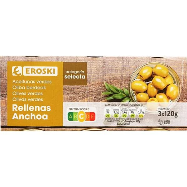 Aceitunas rellenas de anchoa EROSKI, pack 3x50 g - 0.15 kg - Imagen del producto en Findit