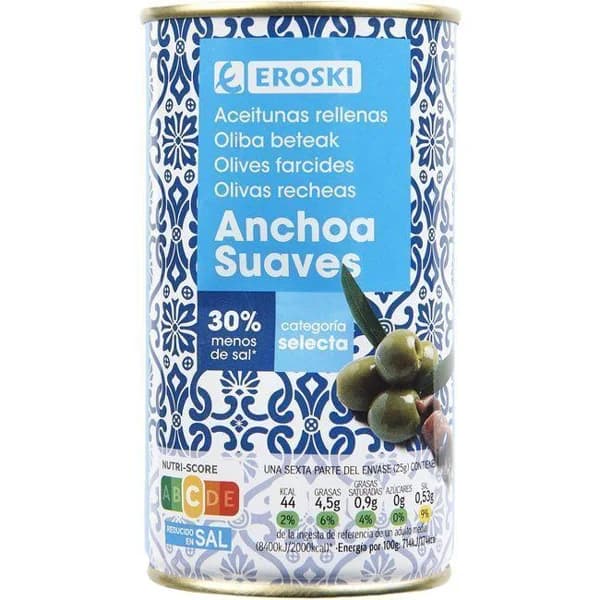 Aceitunas rellenas de anchoa suaves EROSKI, lata 150 g - 0.15 kg - Imagen del producto en Findit