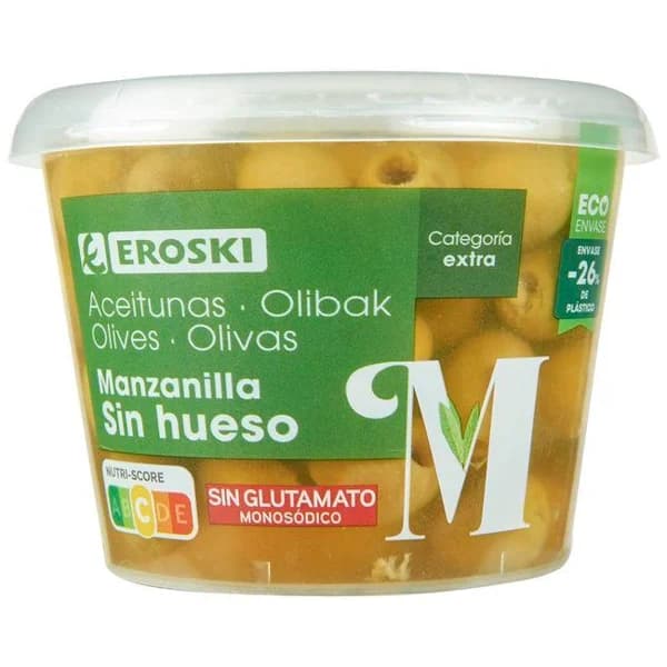Aceitunas manzanilla sin hueso EROSKI, frasco 250 g - 0.25 kg - Imagen del producto en Findit