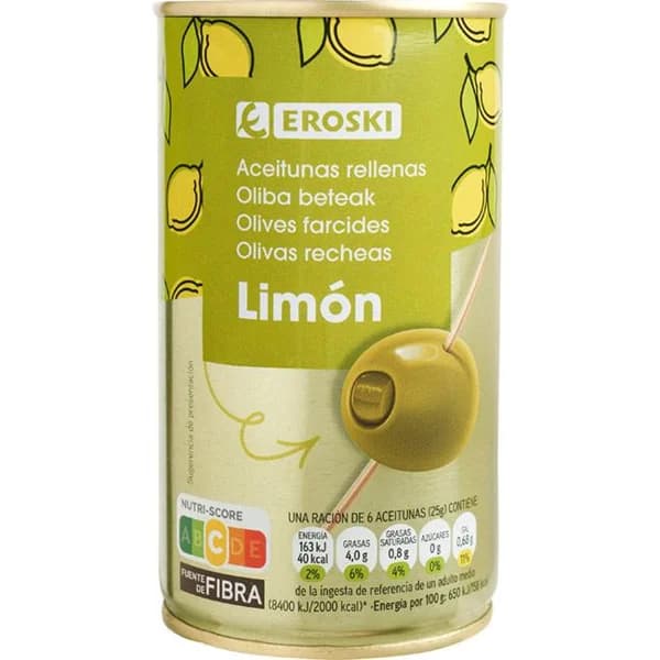 Aceituna rellena de limón EROSKI, lata 150 g - 0.15 kg - Imagen del producto en Findit