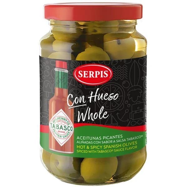 Aceitunas verdes picantes con hueso SERPIS, frasco 340 g - 1 ud - Imagen del producto en Findit