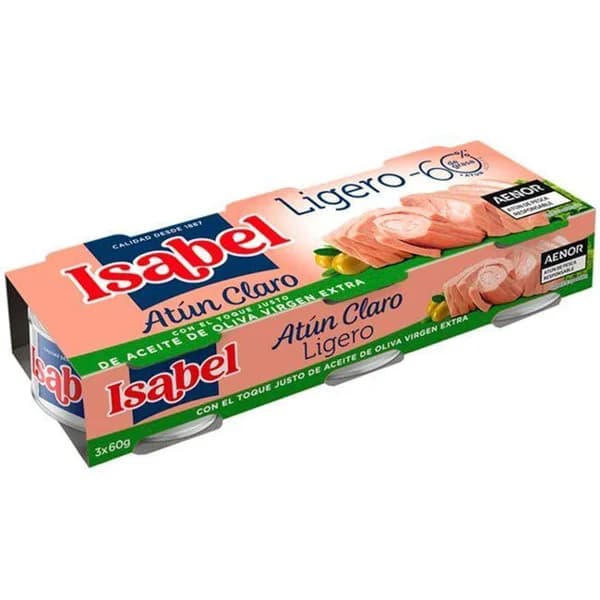 Atún claro en aceite de oliva virgen extra ISABEL, pack 3x60 g - 0.18 kg - Imagen del producto en Findit