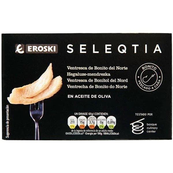 Ventresca de bonito en a. de oliva EROSKI SELEQTIA, lata 111 g - 1 ud - Imagen del producto en Findit