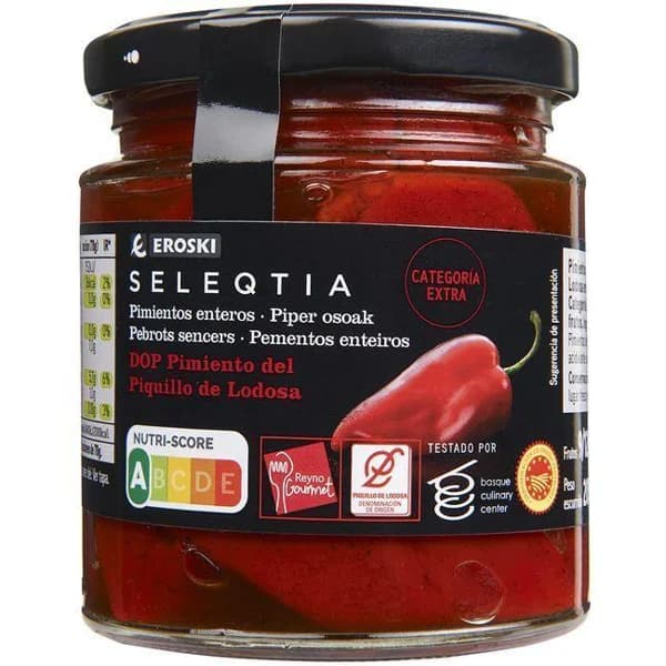 Pimiento de piquillo D.O. Lodosa EROSKI SELEQTIA, frasco 205 g - 0.21 kg - Imagen del producto en Findit