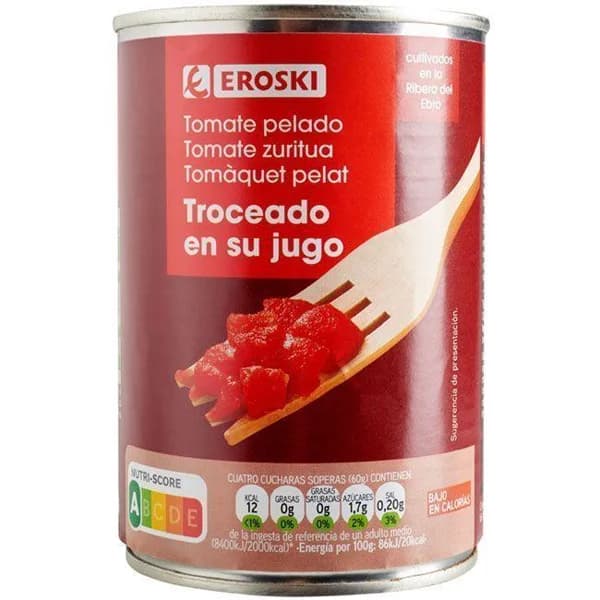 Tomate natural troceado EROSKI, lata 390 g - 0.39 kg - Imagen del producto en Findit