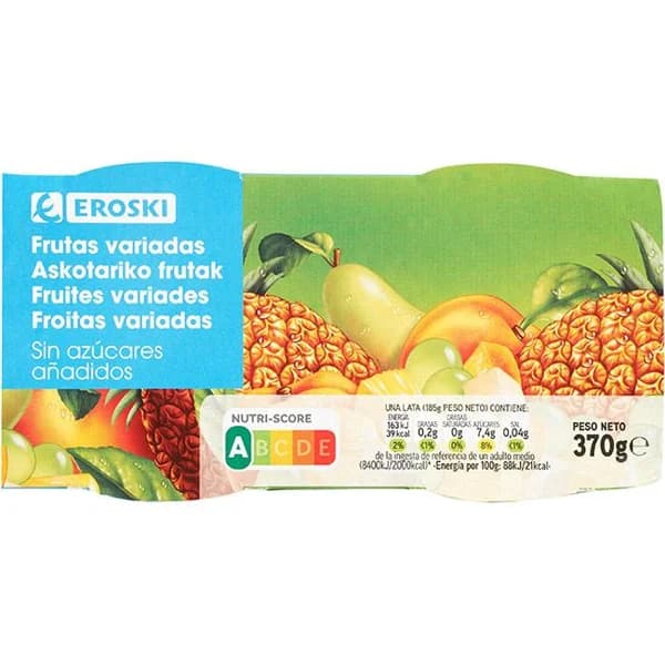 Frutas variadas sin azúcar EROSKI, pack 2x115 g - 0.23 kg - Imagen del producto en Findit