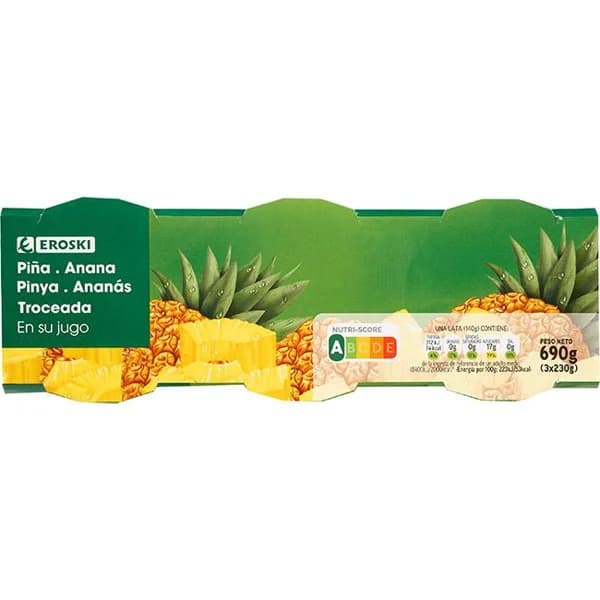 Piña troceada en su jugo EROSKI, pack 3x140 g - 0.42 kg - Imagen del producto en Findit