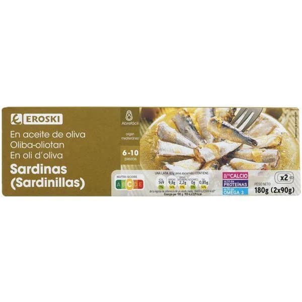 Sardinilla en aceite de oliva EROSKI, pack 2x90 g - 1 ud - Imagen del producto en Findit