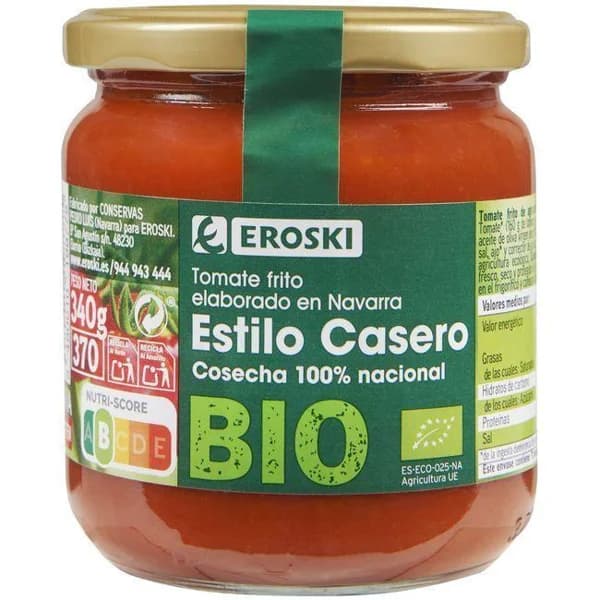 Tomate frito casero EROSKI BIO, frasco 340 g - 0.34 kg - Imagen del producto en Findit
