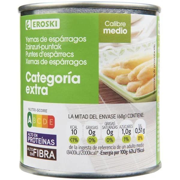 Yema de espárrago mediana EROSKI, lata 135 g - 0.14 kg - Imagen del producto en Findit
