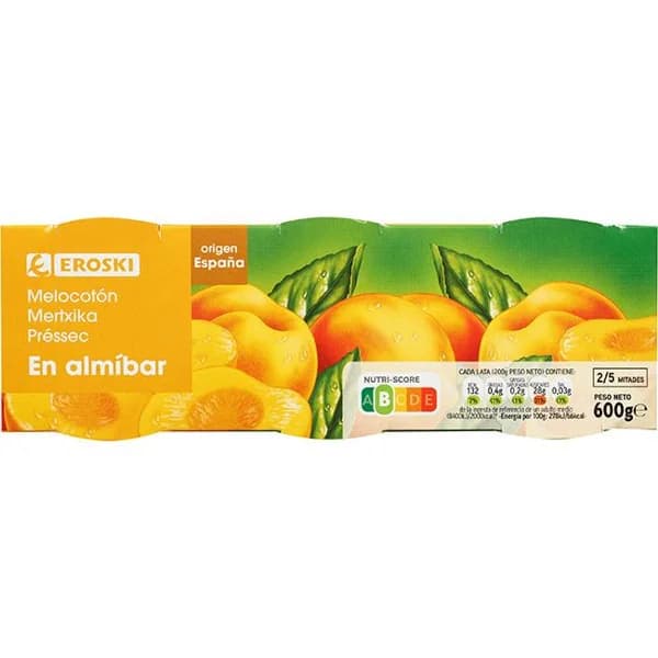 Melocotón almíbar ligero EROSKI, pack 3x115 g - 0.35 kg - Imagen del producto en Findit