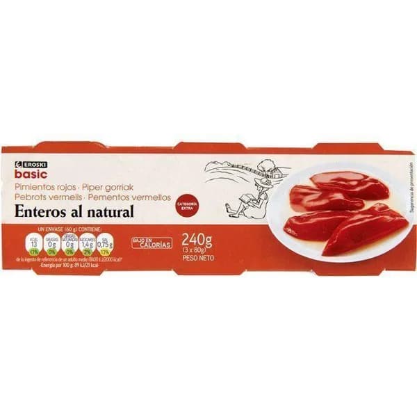 Pimiento rojo entero EROSKI basic, pack 3x60 g - 0.18 kg - Imagen del producto en Findit
