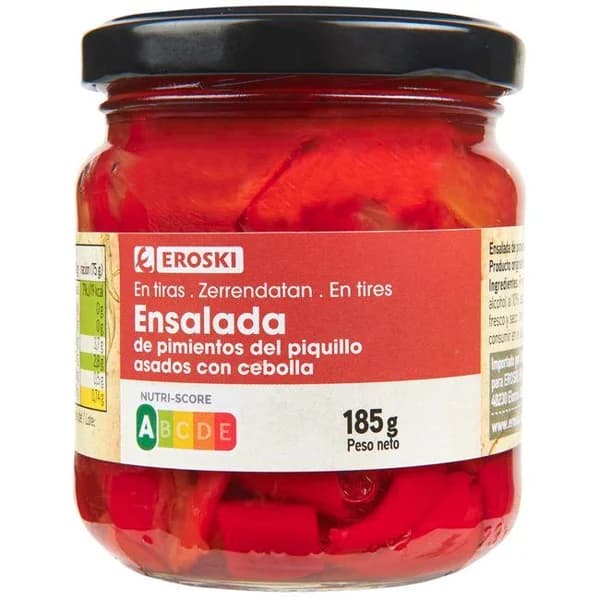 Ensalada de pimientos piquillo con cebolla EROSKI, frasco 150 g - 0.15 kg - Imagen del producto en Findit