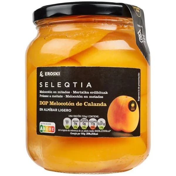 Melocotón de Calanda EROSKI SELEQTIA, frasco 440 g - 0.44 kg - Imagen del producto en Findit