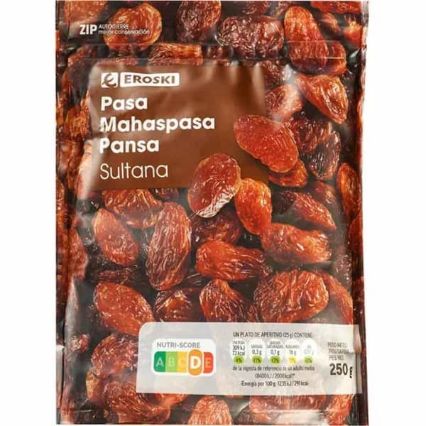 Pasas sultana EROSKI, bolsa 250 g - 0.25 kg - Imagen del producto en Findit