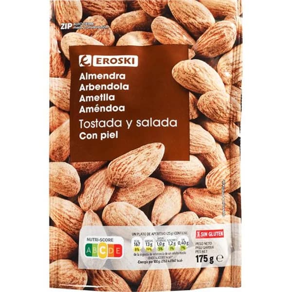Almendras tostadas saladas con piel EROSKI, bolsa 175 g - 0.18 kg - Imagen del producto en Findit