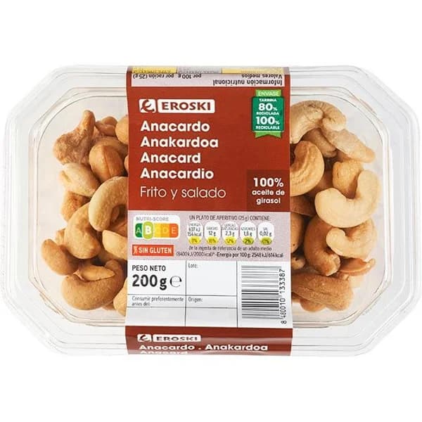 Anacardos fritos EROSKI, tarrina 200 g - 0.2 kg - Imagen del producto en Findit