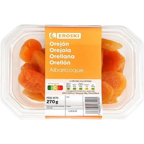 Orejón de albaricoque EROSKI, tarrina 270 g - 0.27 kg - Imagen del producto en Findit