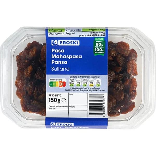 Pasas sultana EROSKI, tarrina 150 g - 0.15 kg - Imagen del producto en Findit