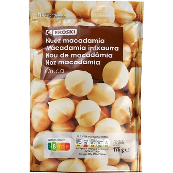 Nuez de macadamia EROSKI, bolsa 175 g - 0.18 kg - Imagen del producto en Findit