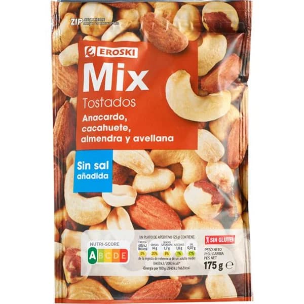 Mix de frutos secos sin sal EROSKI, bolsa 175 g - 0.18 kg - Imagen del producto en Findit
