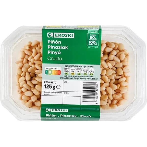 Piñón crudo EROSKI, tarrina 125 g - 0.12 kg - Imagen del producto en Findit